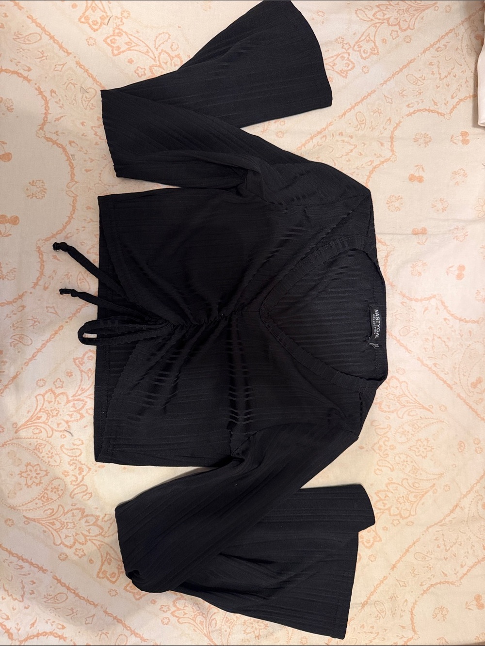 Nasty Gal Black Ribbed V-Neck Tie-Waist Long Sleeve Top
